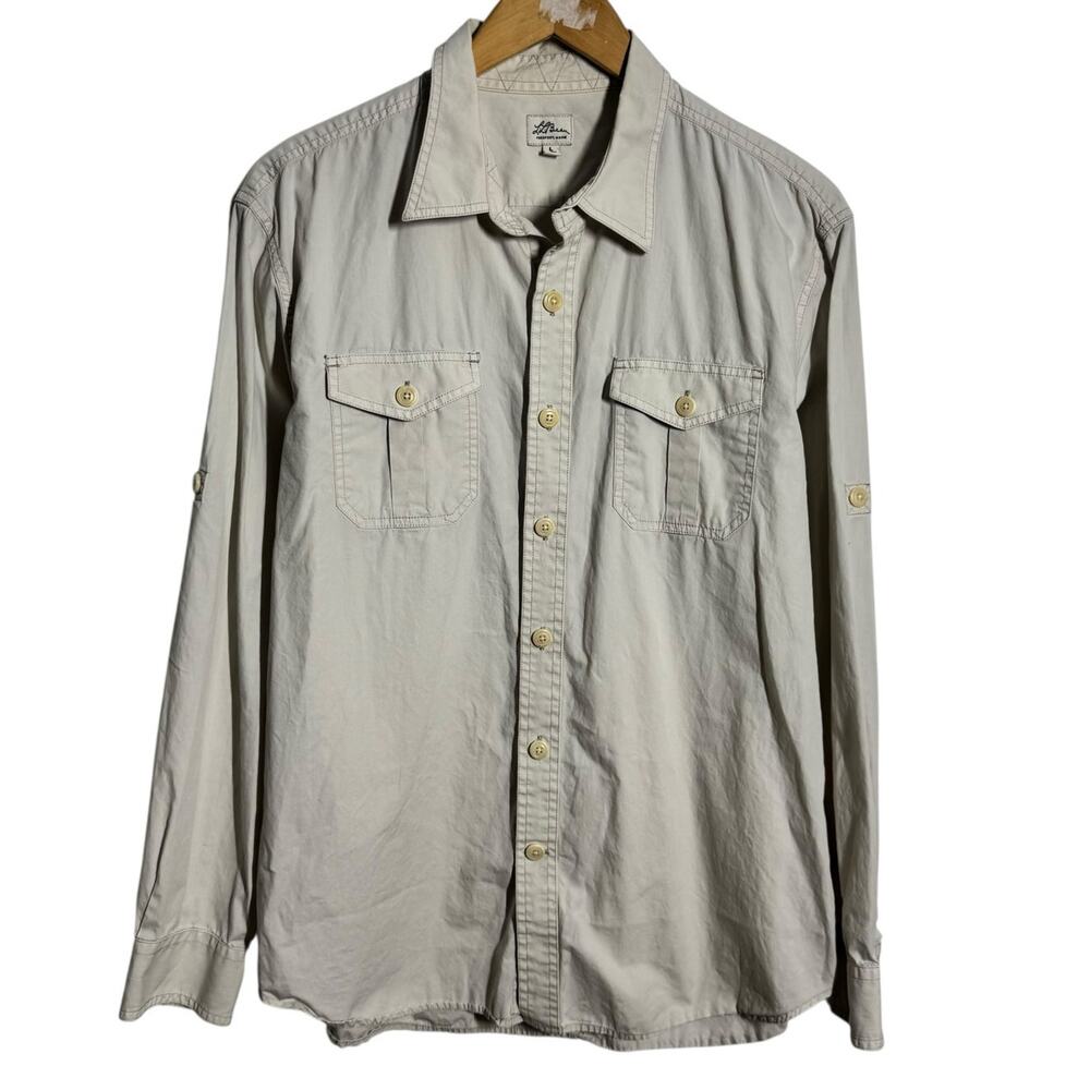 L.L.Bean Button Up Shirt Men L Light Tan Cream Gorpcore Western Fishing Outdoor